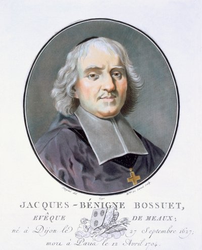 Jacques-Bénigne Bossuet, da Portraits des grands hommes, femmes illustres, et sujets mémorables de France, inciso e stampato a colori, pubblicato da Pierre Blin, 1786-92, Parigi da Antoine Louis Francois Sergent Marceau