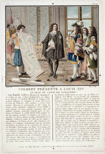 Jean Baptiste Colbert presenta la mappa del Canal du Languedoc a Luigi XIV, inciso da Jean Baptiste Morret, 1788 da Antoine Louis Francois Sergent Marceau