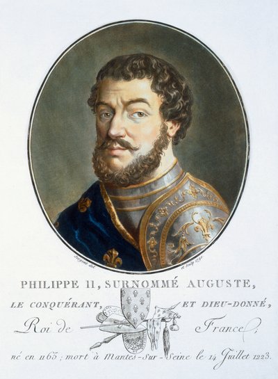 Filippo II Augusto, da Portraits des grands hommes, femmes illustres, et sujets mémorables de France, inciso e stampato a colori, pubblicato da Pierre Blin, 1786-92, Parigi da Antoine Louis Francois Sergent Marceau