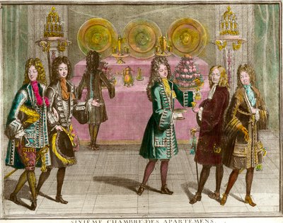 Buffet per spuntini nella sesta camera degli appartamenti della famiglia di Luigi XIV durante le serate di appartamento a Versailles intorno al 1696 da Antoine Trouvain