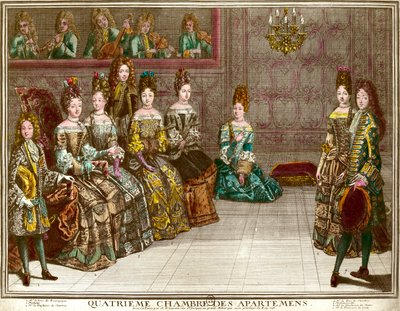 Danza nella quarta camera degli appartamenti della famiglia di Luigi XIV (1638-1715) durante le serate di appartamento a Versailles intorno al 1696: il Duca di Chartres danza il minuetto con Mademoiselle alla presenza della Duchessa del Maine, il Duca di B da Antoine Trouvain