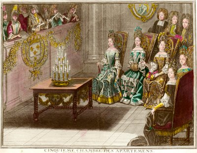 Sessione musicale nella quinta camera degli appartamenti della famiglia di Luigi XIV durante le serate di appartamento a Versailles intorno al 1694 da Antoine Trouvain