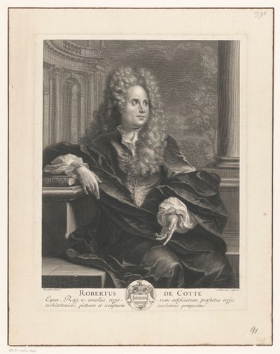 Ritratto di Robert de Cotte, appoggiato su un libro in architettura classica da Antoine Trouvain