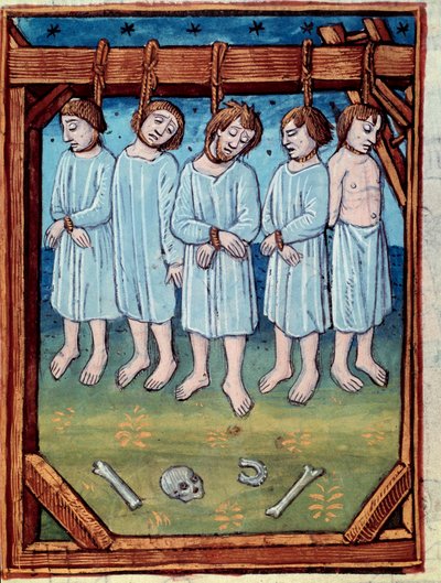 Cinque uomini impiccati. Miniatura nelle "cronache di Saint Denis" Parigi, Antoine Verard da Antoine Verard