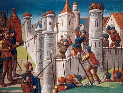 Assedio di una città, miniatura dal manoscritto "Il romanzo di Ogier il Danese" da Antoine Verard