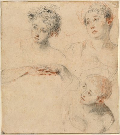 Tre studi della testa di una donna e uno studio delle mani (recto) da Antoine Watteau