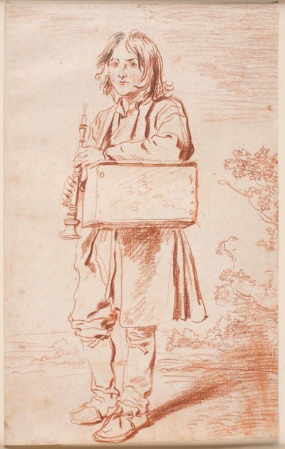 Giovane savoiardo. Figura intera di fronte a sinistra, in piedi, con una cassa con la marmotta sulla spalla, tiene il flauto nelle mani da Antoine Watteau