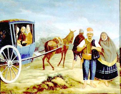 Nobili in una Kaless maltese con le armi del Maestro de Rohan, passando contadini maltesi sul ciglio della strada da Antoine de (circle of) Favray