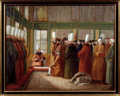 Impero Ottomano: ricevimento di un ambasciatore francese da parte del Gran Visir al servizio del re Luigi XVI in Turchia da Antoine de Favray