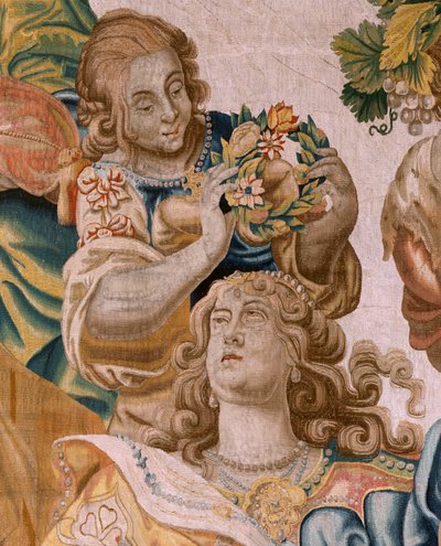 Arazzo fiammingo. Serie Storia di Teseo. Bacco prende Arianna come moglie. Nono arazzo della serie. Modello Anthonis Sallaert. Manifattura Jan Raes il Giovane, Bruxelles. Ca 1630. Tessuto Seta e lana. Dimensioni 392 x 45 da Antoine or Anthonis Sallaert