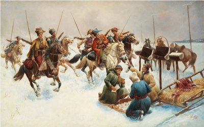 Paesaggio invernale con cosacchi (distribuzione della posta) da Anton Baumgartner Stoiloff