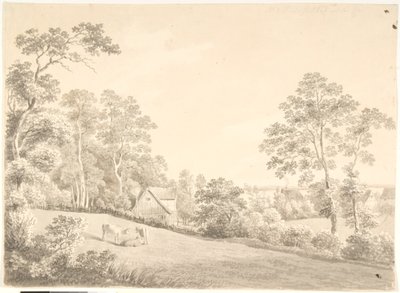 Paesaggio con casa e mucche sull