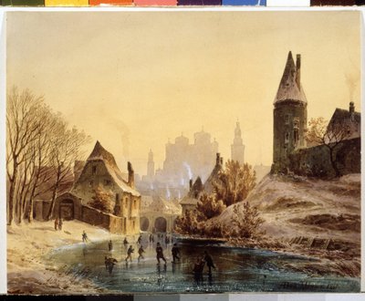 La pista di pattinaggio sul fiume. Acquerello di Anton Doll (1826-1887) 1855 Museo delle Belle Arti Puskin, Mosca da Anton Doll