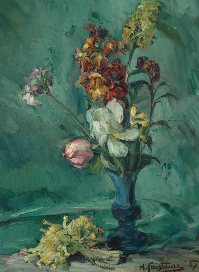 Fiori in vaso blu e mazzo di primule da Anton Faistauer