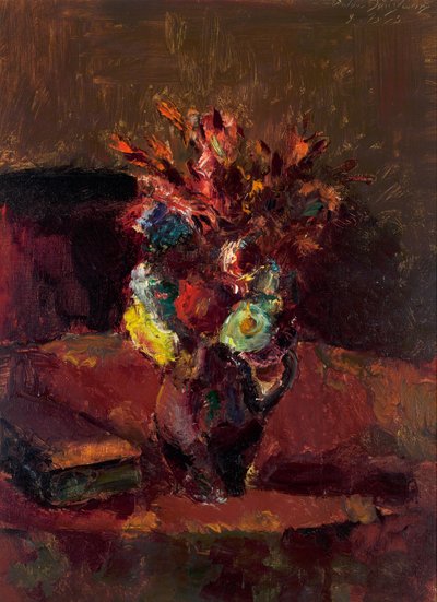 Bouquet di fiori con tovaglia rossa da Anton Faistauer
