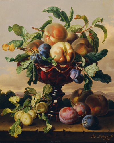 Natura morta con pesche e prugne in una ciotola di vetro rosso da Anton Hartinger