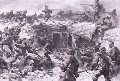 La sconfitta del Corpo dei Granatieri di Mosca da parte delle truppe slesiane, prussiane e imperiali tedesche, da La storia illustrata della guerra mondiale 1914-1915 pub. da Union Berlagsefellfchaft da Anton Hoffman
