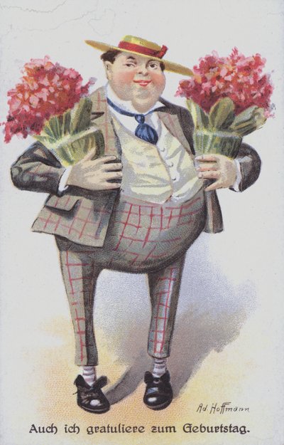 Biglietto di auguri di compleanno raffigurante un uomo che porta mazzi di fiori da Anton Hoffmann