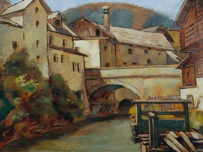 Veduta di una città con fiume e ponte da Anton Hula