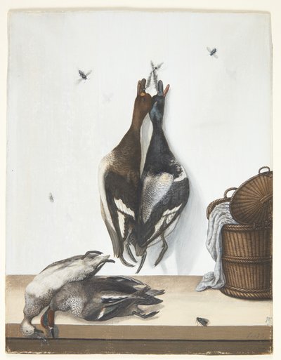 Natura morta con quattro anatre e un cesto aperto da Anton Ignaz Hamilton