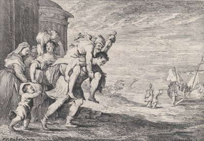 Enea fugge da Troia, con un gruppo di sei figure che lasciano la città a sinistra, Enea che porta da Anton Joseph von Prenner