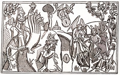 La grande prostituta di Babilonia cavalca la bestia a sette teste e gli angeli mietono il grano mentre tengono prigioniero il diavolo da Anton Koberger