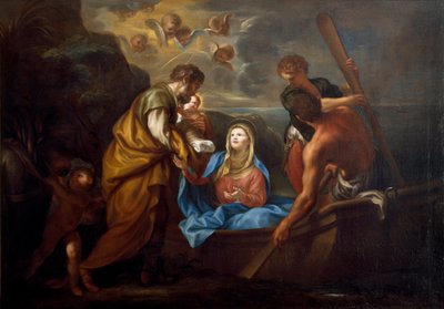 La fuga in Egitto. La Sacra Famiglia si imbarca su una barca da Anton Maria Piola