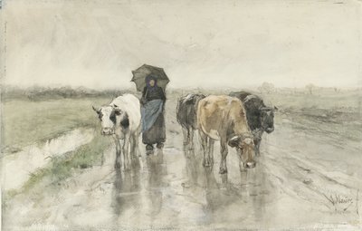 Una pastorella con mucche su una strada di campagna sotto la pioggia da Anton Mauve