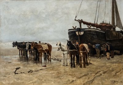 Olandese: Bomschuit con cavalli da traino sulla spiaggia di Scheveningen Barca da pesca con cavalli da traino sulla spiaggia di Scheveningen da Anton Mauve