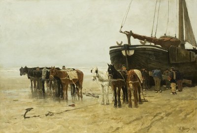 Olandese: Bomschuit con cavalli da traino sulla spiaggia di Scheveningen Barca da pesca con cavalli da traino sulla spiaggia di Scheveningen da Anton Mauve