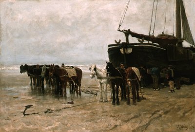 Olandese: Bomschuit con cavalli da traino sulla spiaggia di Scheveningen Barca da pesca con cavalli da traino sulla spiaggia di Scheveningen da Anton Mauve
