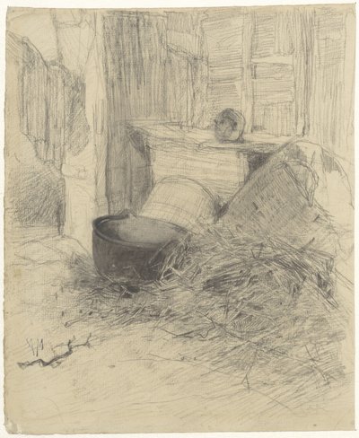 Interno di un fienile con paglia e vari oggetti da Anton Mauve
