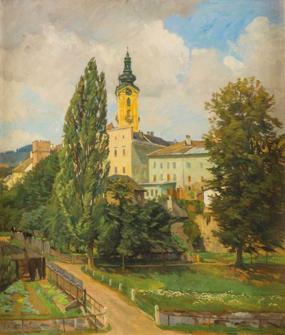 Tedesco: Motivo da Freistadt con torre di difesa e chiesa da Anton Nowak