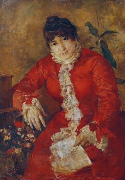 Donna in abito scarlatto con giornale e ficus da Anton Romako