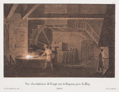 Interno di una fucina vicino a Huy, Belgio, inciso da Jean-Baptiste Jobard da Anton de after Howen