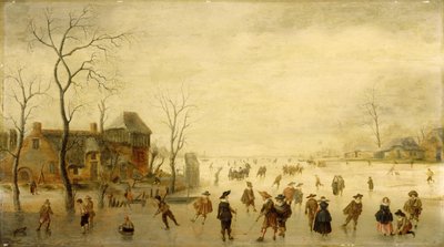 Paesaggio invernale con pattinatori, giocatori di golf e contadini su corsi d