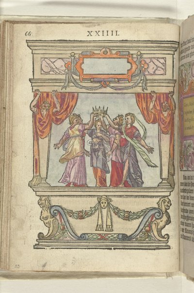 Scena con personificazioni di Gloria, Maestà, Generosità, Magnificenza e Modestia che tengono alta una corona, 1578 da Antoni van Leest