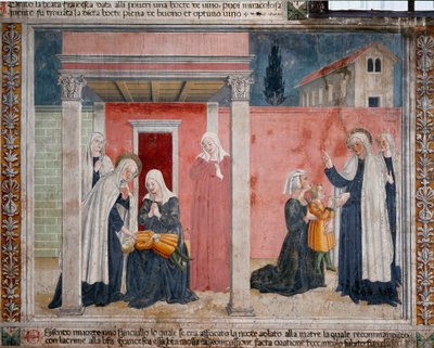 Vita di Santa Francesca Romana (1384-1440): La santa risuscita un bambino non battezzato che sua madre aveva accidentalmente soffocato nel sonno da Antoniazzo Romano