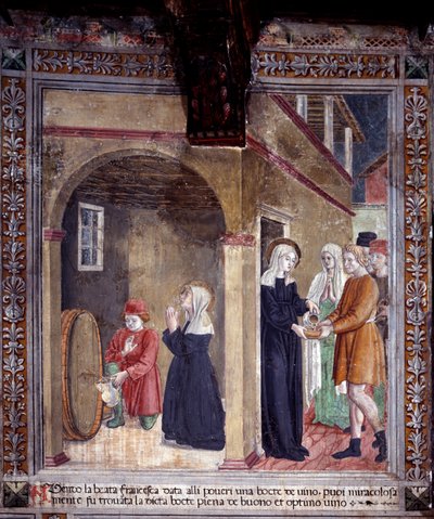 Vita di Santa Francesca Romana: Una botte di vino usata dalla santa per i poveri viene trovata miracolosamente piena da Antoniazzo Romano
