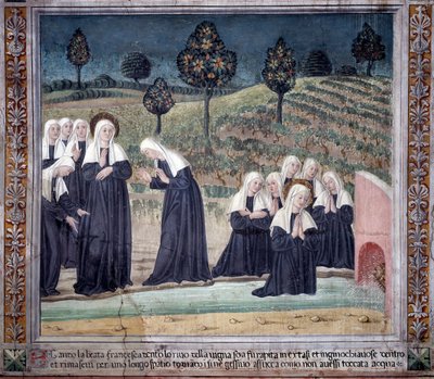 Vita di Santa Francesca Romana: Al ritorno dalla Basilica di San Paolo, la santa fu presa in estasi, in un ruscello ma si alzò perfettamente asciutta da Antoniazzo Romano