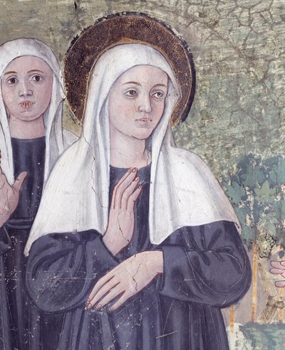 Vita di Santa Francesca Romana: Al ritorno dalla Basilica di San Paolo, la santa fu presa in estasi, in un ruscello ma si alzò perfettamente asciutta (dettaglio) da Antoniazzo Romano