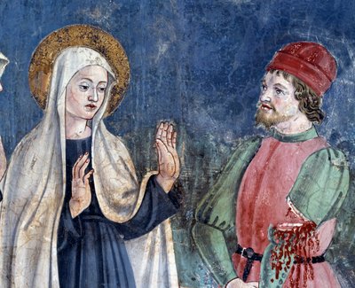 Vita di Santa Francesca Romana: Al suo ritorno da San Giovanni in Laterano, la santa guarisce un uomo con un braccio tagliato (dettaglio) da Antoniazzo Romano
