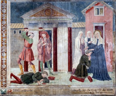 Vita di Santa Francesca Romana: La santa guarisce un uomo picchiato a morte dai suoi nemici da Antoniazzo Romano