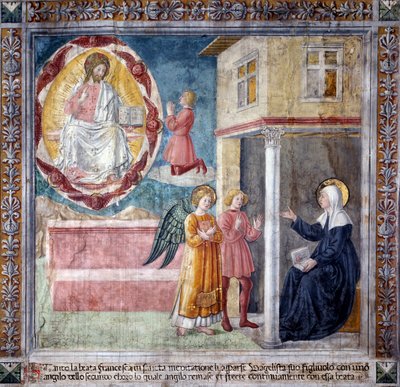 La vita di Santa Francesca Romana: Il figlio della santa, ucciso dalla peste bubbonica, le appare con un angelo da Antoniazzo Romano