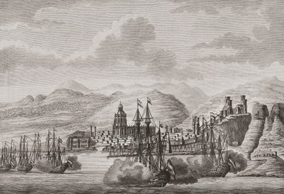 Flotta olandese al largo di Malaga, Spagna 1784 che spara un saluto. (stampa) da Antonio (after) Suntach