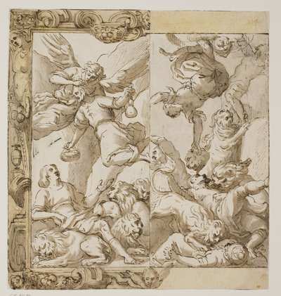 Daniele nella fossa dei leoni in una cornice elaborata da Antonio Aliense