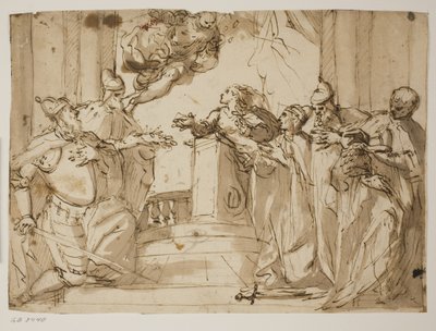 Quattro dogi e un uomo con un mantello con il cappello del doge in mano, con l