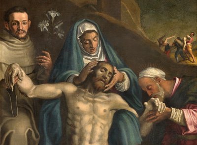 Transetto nord, Altare della Deposizione, Deposizione di Cristo sostenuta dalla Vergine e dai Santi Raimondo e Antonio di Padova, Antonio Campi 1566, (dettaglio) da Antonio Campi