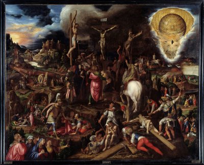 Scene della passione: preghiera nel giardino degli ulivi, tradimento di Giuda, arresto di Cristo, Cristo deriso, salita al Calvario, crocifissione, resurrezione... Dipinto di Antonio Campi (1526-1587) da Antonio Campi