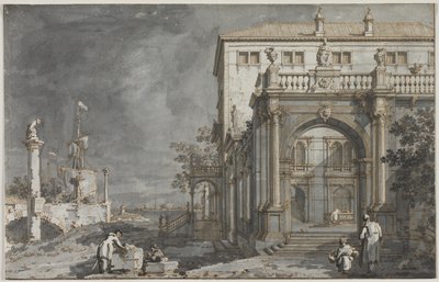 Capriccio: Un palazzo con un cortile vicino alla laguna da Antonio Canaletto